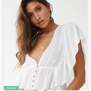 Crinkled Plunging Button Front Top